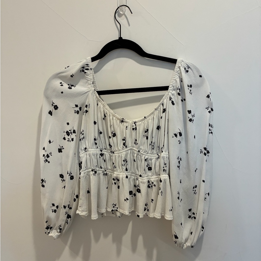 AMUR White and Black Puff Sleeve Smocked Blouse